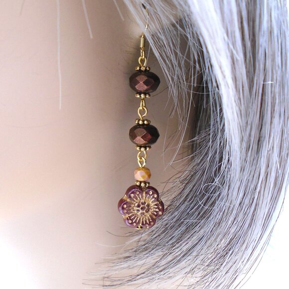 NEW ~ MAROON CZECH GLASS Gold Stretch Bracelet and Earrings Set - Picture 2 of 3